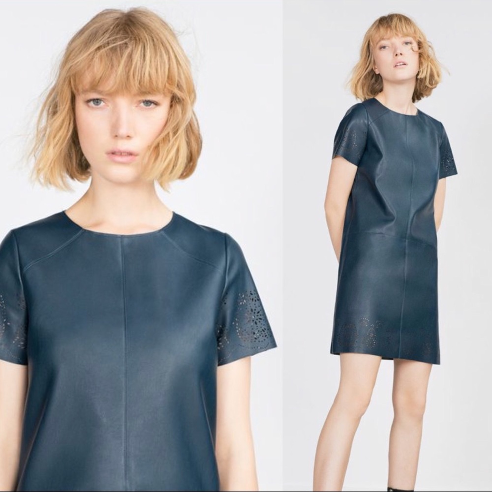 Zara blue faux leather laser cut shift work dress M